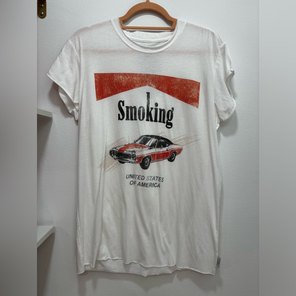 Cute white The Laundry Room Tshirt with smoking reference on front